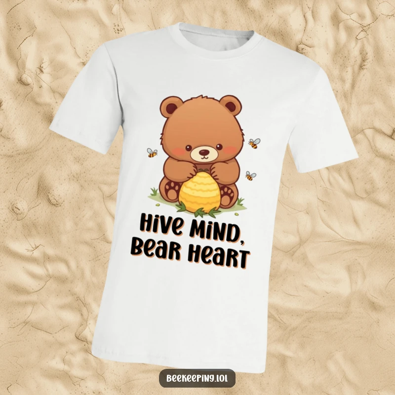 Funny Bear T-Shirt: A strong bear carefully watching over a busy, buzzing beehive, full of gentle focus.