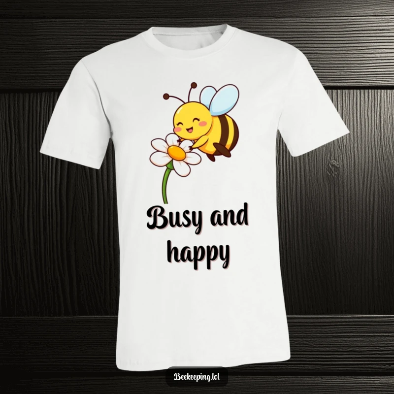 Funny bee t-shirt showing a cheerful pollinator on a flower with a happy wagging tail, funny gift.