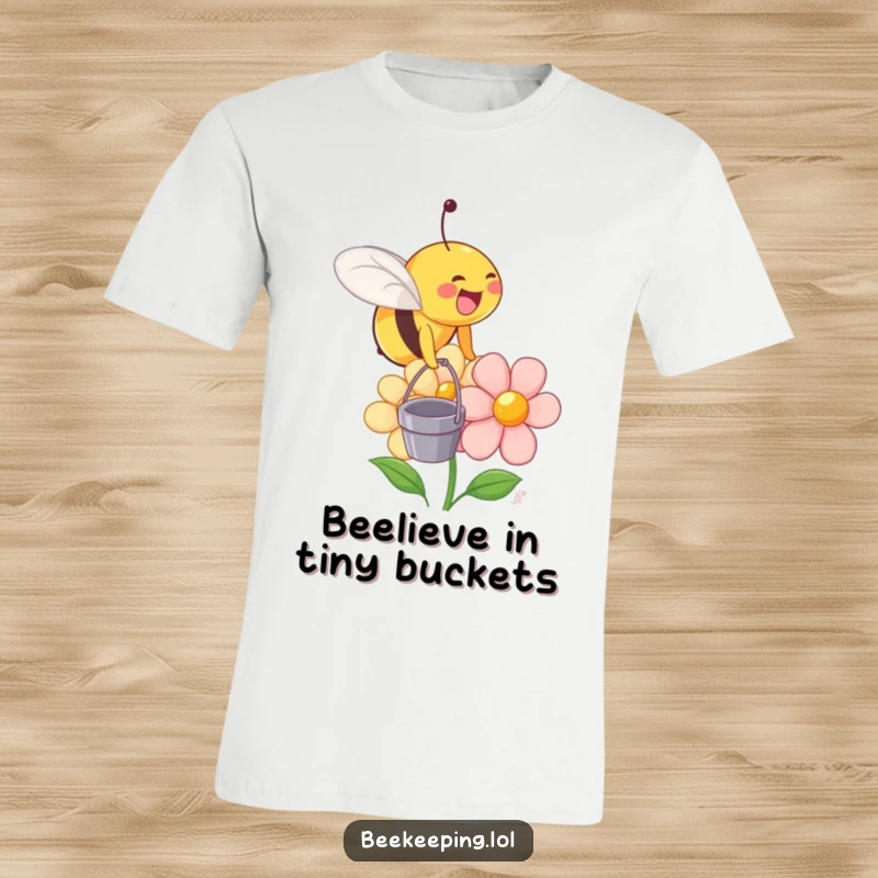 Funny t-shirt featuring a jubilant bee carrying a tiny bucket, landing gently on a beaming flower.