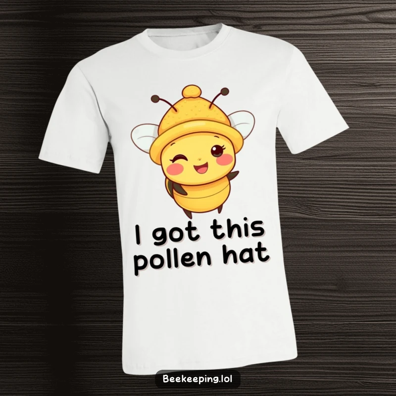 Funny Bee T-Shirt: A joyful bee with a miniature hat, heavily dusted with pollen, depicted in a whimsical design.