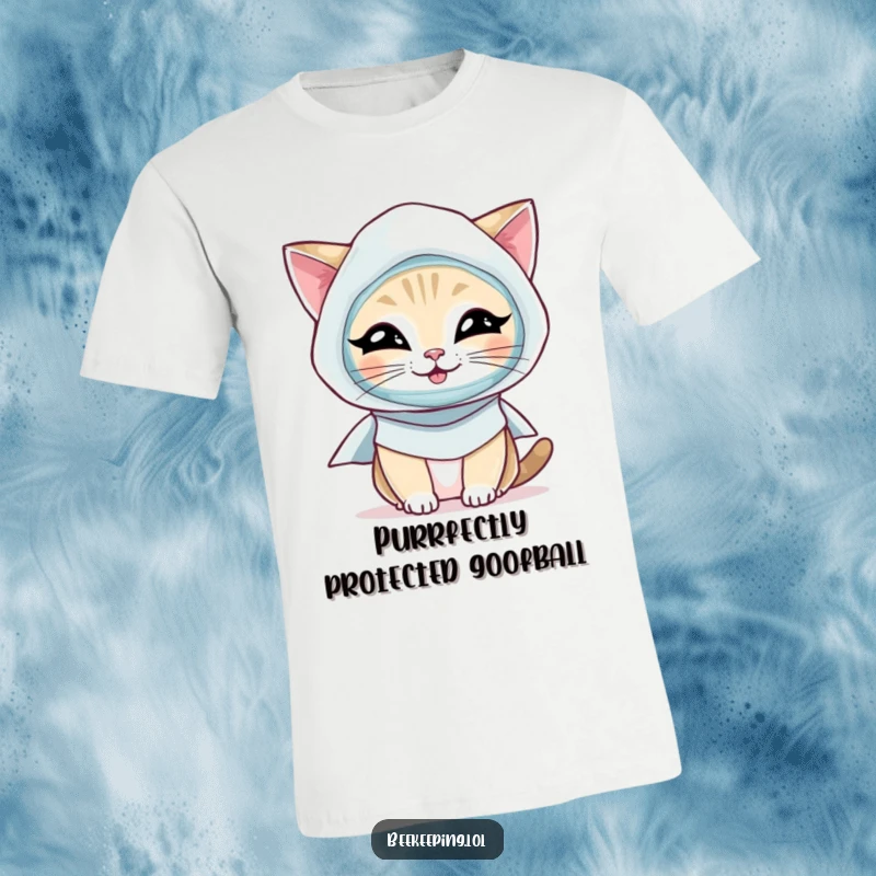 Funny Cat T-Shirt: A comical cat dressed as a beekeeper, veil on and smock buttoned, with a clear giggle.