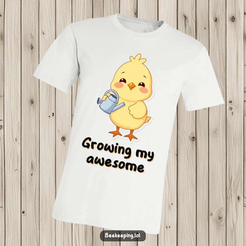 Funny cheerful chick with a tiny watering can, depicted in a vibrant graphic on a t-shirt, perfect for garden lovers.