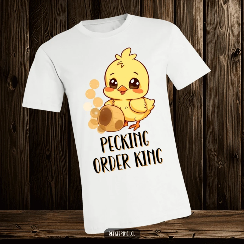 Funny T-shirt with a cheerful chick pecking at a honeycomb, wide curious eyes showing fascination and sweetness.