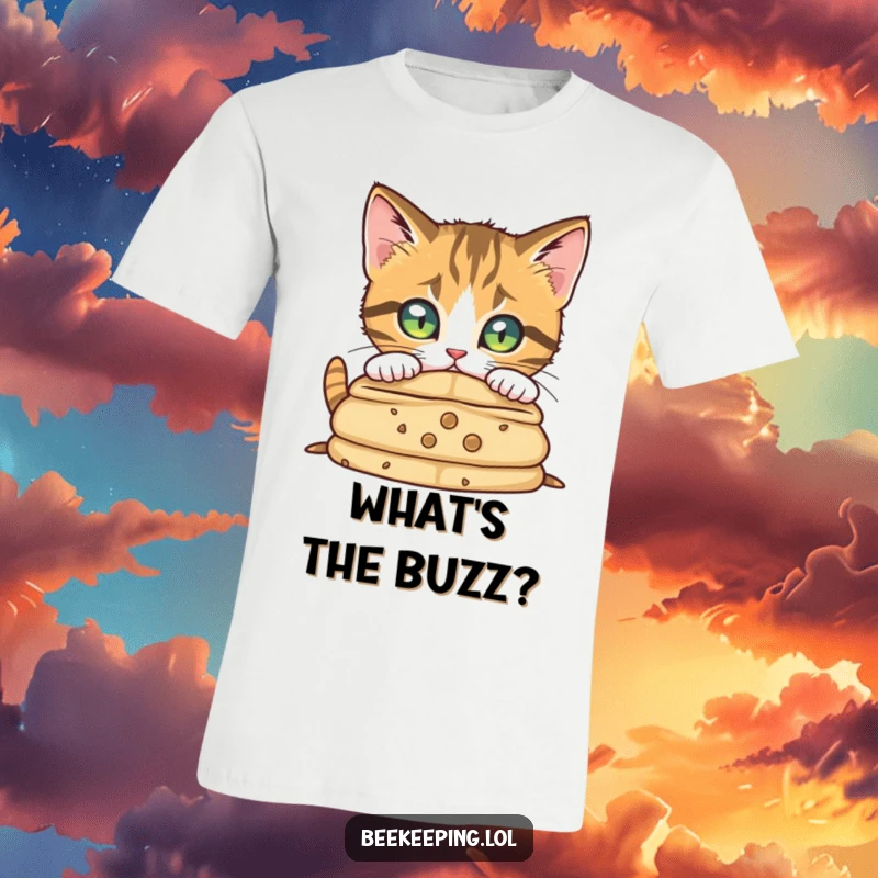 Funny curious cat with focused eyes investigating a beehive, symbolizing exploration on a t-shirt.
