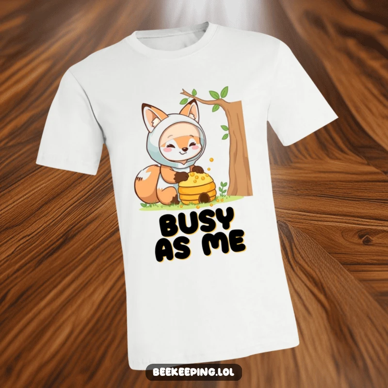 Funny fox beekeeper t-shirt, smiling, wearing a protective suit, caring for a beehive, gentle animal humor.