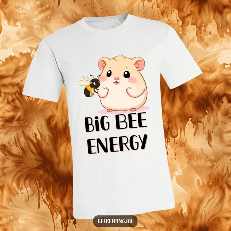 Funny Hamster T-Shirt depicting a plump hamster with wide, astonished eyes fixated on an oversized bee, a humorous illustration of surprise.
