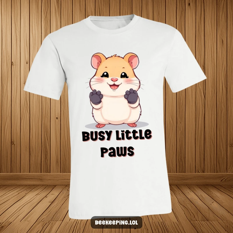 Funny hamster t-shirt with a smiling hamster wearing tiny work gloves, perfect for the diligent.
