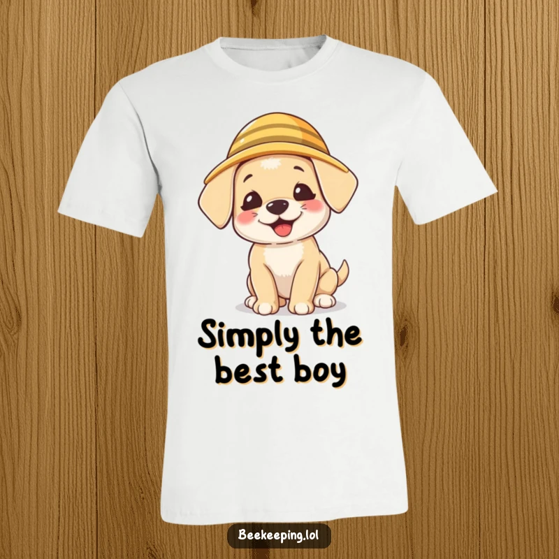 Funny Puppy Beekeeper T-Shirt, a giggling puppy wearing a tiny beekeeper hat, humorous dog graphic.