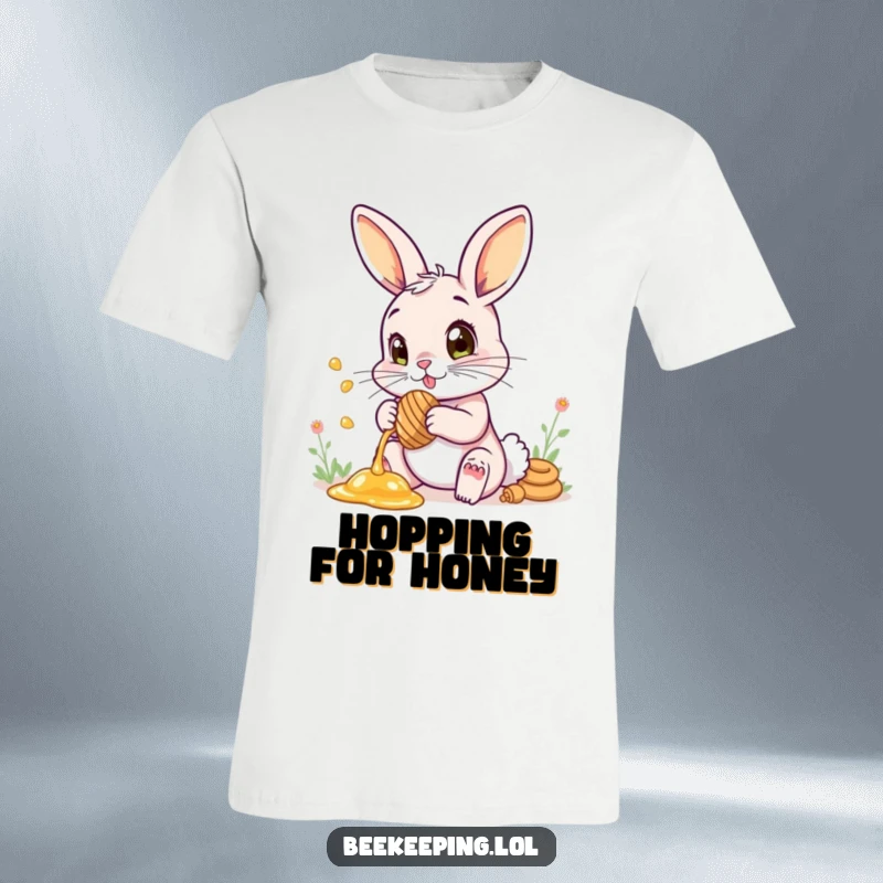 Funny t-shirt graphic of a curious bunny collecting honey with wide, wondrous eyes.