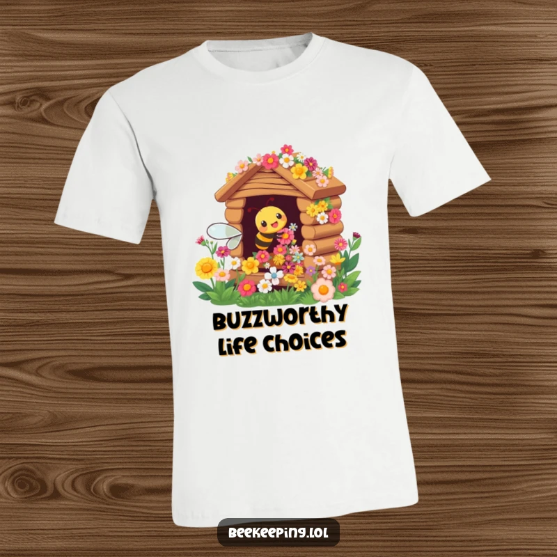 Funny t-shirt with a cheerful busy bee flying happily around a flower hive overflowing with blooms.