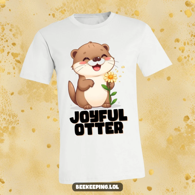 Funny playful otter sprinkling a flower with a grin, symbolizing happiness on a comfortable t-shirt.