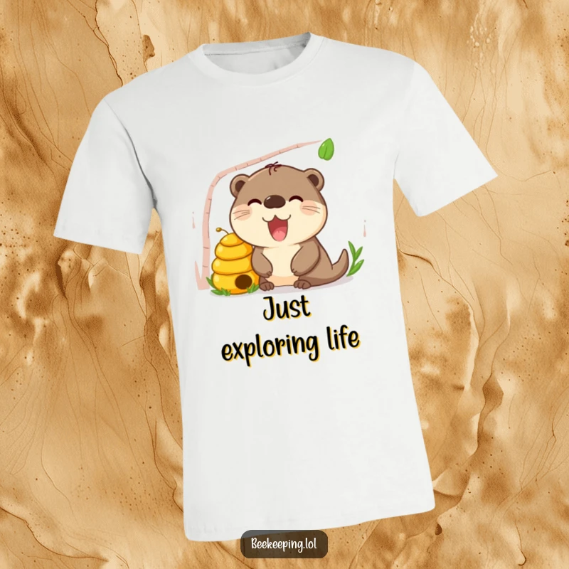 Funny Otter Beehive T-Shirt, happy otter peeking curiously into a beehive, humorous animal graphic.