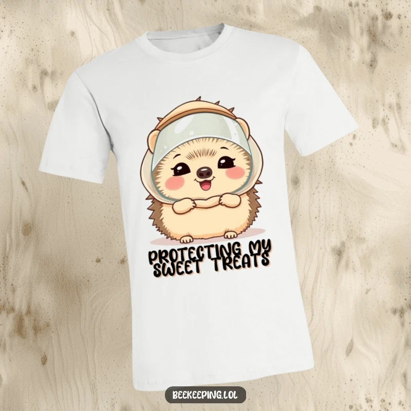 Funny hedgehog wearing a miniature beekeeper veil, giggling playfully on a t-shirt, celebrating bees and adorable woodland creatures.