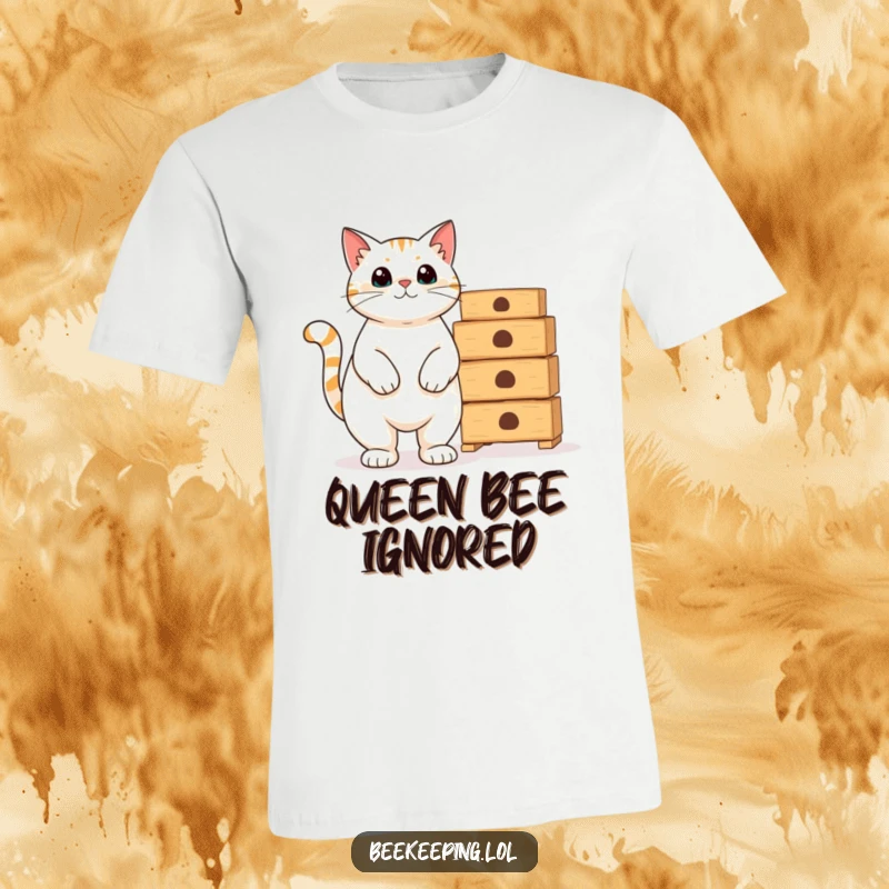 Funny proud cat standing next to empty beekeeping hives, a humorous and regal graphic t-shirt.