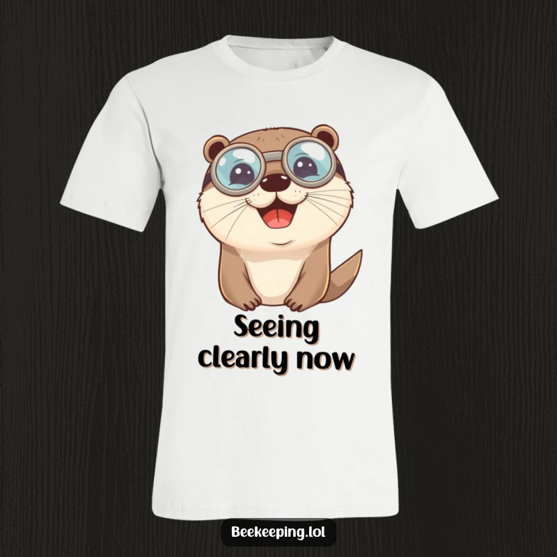 Funny cheerful otter wearing round protective goggles, a humorous and playful graphic t-shirt.