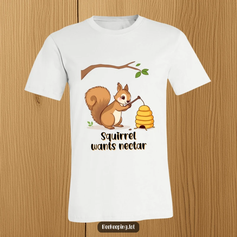 Funny squirrel with a stick gently tapping a beehive on a t-shirt, detailed and amusing, great humorous gift.