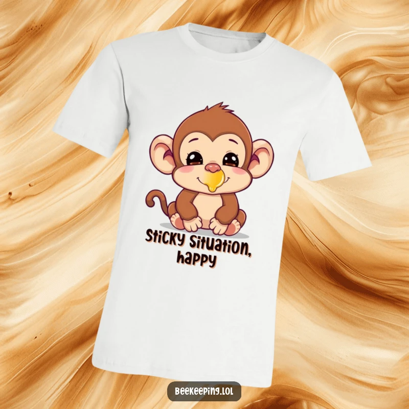 Funny silly monkey with a tiny bit of honey on its nose, a humorous and playful graphic t-shirt.