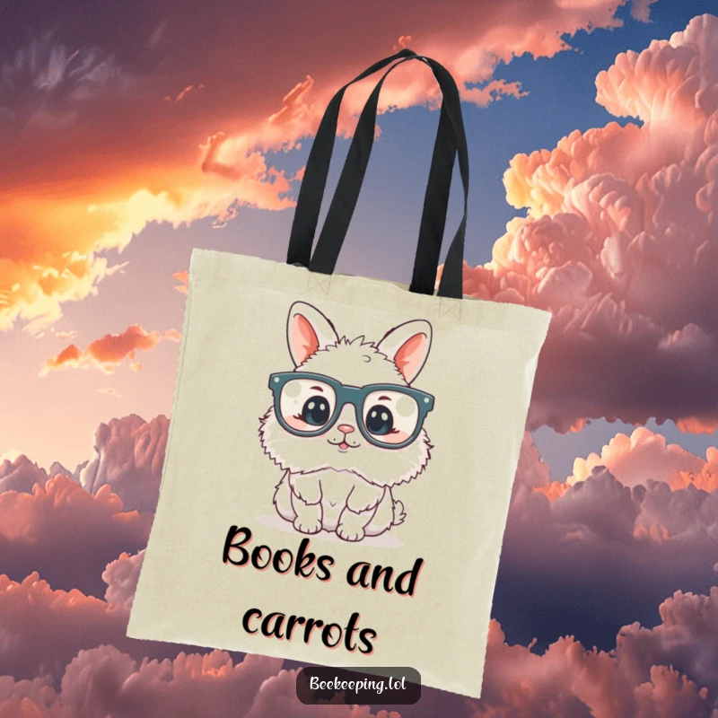 Funny fluffy bunny wearing oversized reading glasses, carrying books, illustrated on a durable tote bag, perfect for book lovers.