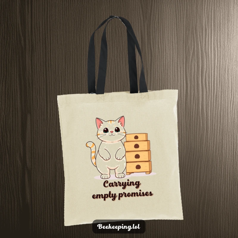 Funny proud cat standing beside empty beekeeping hives on a durable tote bag, a humorous accessory.