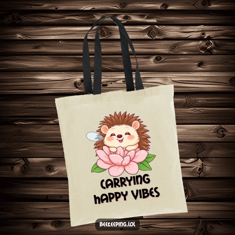 Funny giggling hedgehog buzzing around a large flower on a durable tote bag, a humorous accessory.