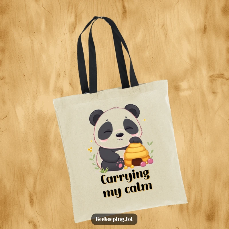 Funny Panda Tote Bag illustrating a sleepy panda cub sitting peacefully beside a beehive, a humorous and charming accessory.