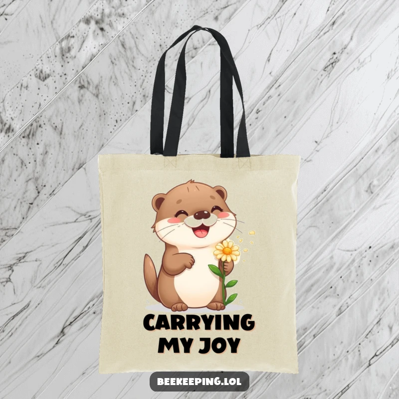Funny playful otter sprinkling a flower, symbolizing happiness on a practical and cute tote bag.