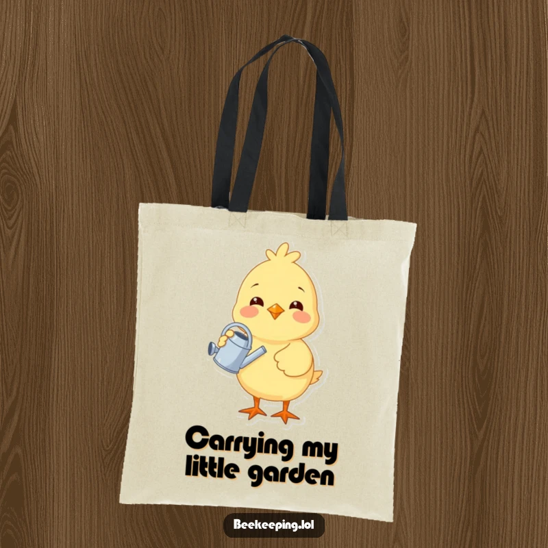Funny cheerful chick with a tiny watering can, illustrated on a durable tote bag, perfect for carrying groceries or daily items.