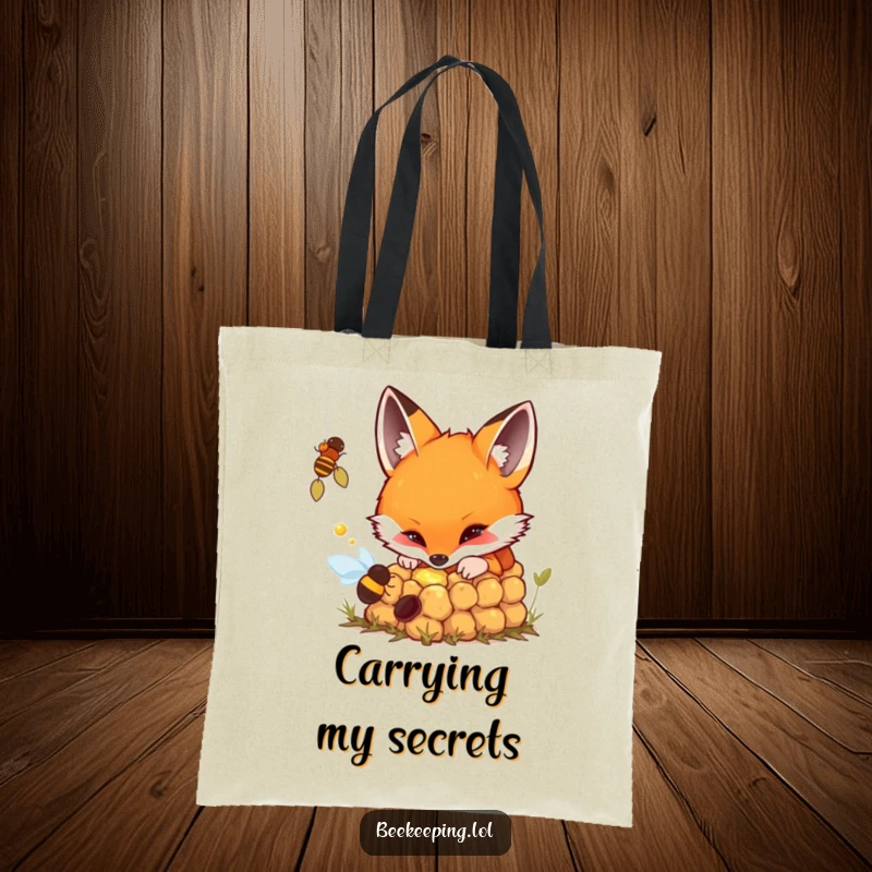 Funny tote bag showing a fox curiously looking into a bubbling beehive, ready for discovery.