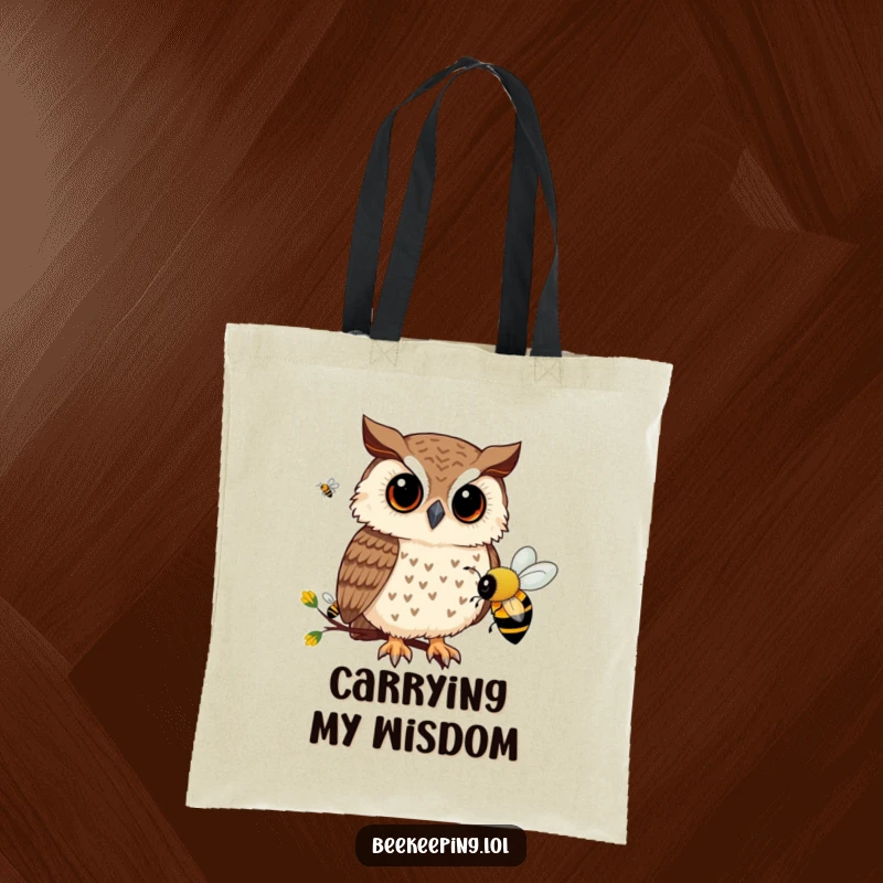 Funny tote bag with a curious owl observing bee activity, a stylish and humorous accessory for carrying daily items.