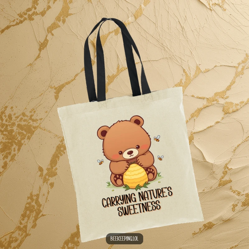 Funny Bear Tote Bag: A sturdy tote showing a determined bear carefully tending to a bustling beehive.