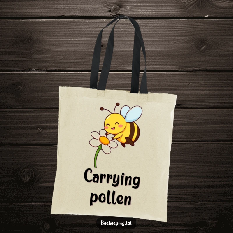 Funny bee tote bag illustration of a cheerful pollinator on a flower, a great funny gift.