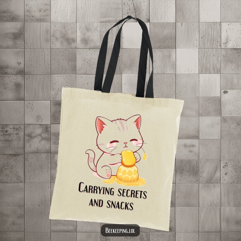Funny tote bag showing a focused cat gently harvesting honey from a bright, glowing honeycomb.
