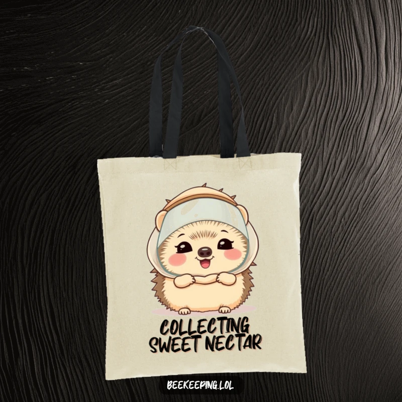 Funny hedgehog wearing a miniature beekeeper veil and giggling, illustrated on a sturdy tote bag, perfect for everyday use.