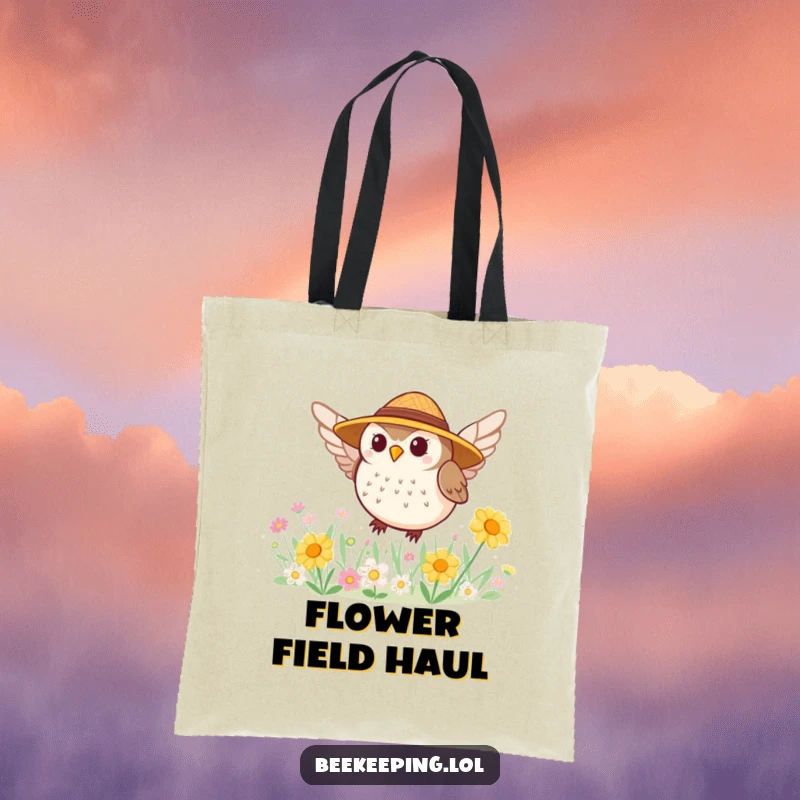 Funny tote bag with a tiny, round owl in a straw hat buzzing around a flower patch, perfect for carrying joy.
