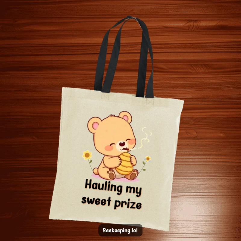 Funny Bear Cub Tote Bag: Durable bag featuring a relaxed bear cub gently smoking a small beehive, practical and amusing.