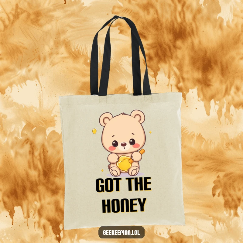Funny bear tote bag featuring a proud bear carefully holding a frame of honey, great for shopping.