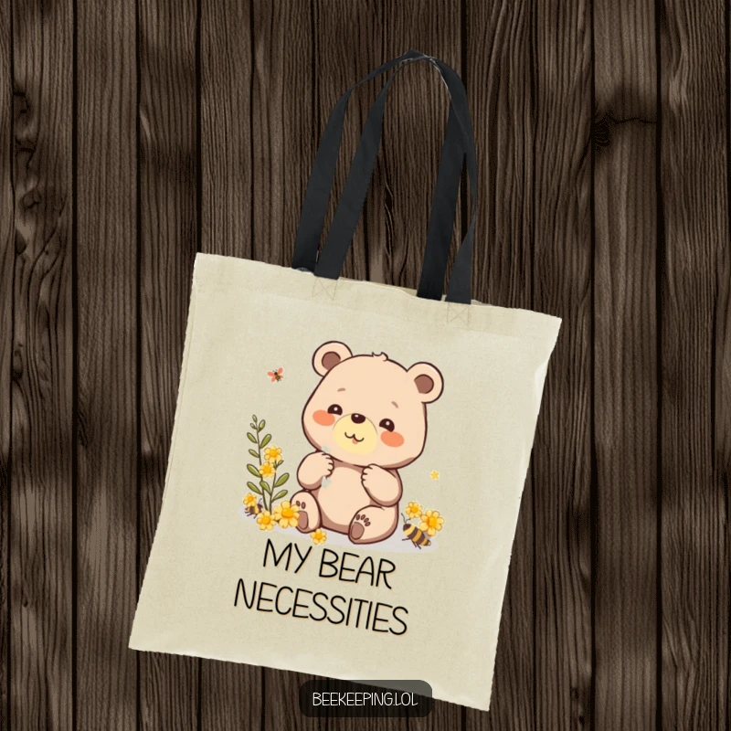 Funny tote bag with a beaming bear diligently collecting propolis, a stylish and humorous accessory for everyday use.