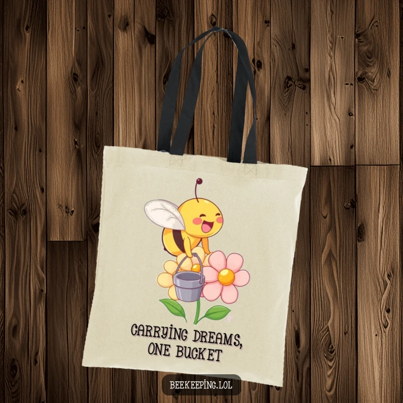 Funny tote bag showcasing a happy little bee holding a small bucket, approaching a smiling flower.