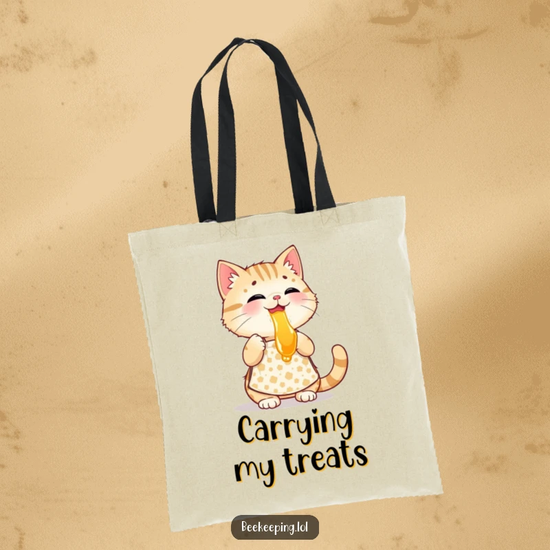 Funny playful cat wearing a patterned apron, tasting honey, a reusable and humorous tote bag.