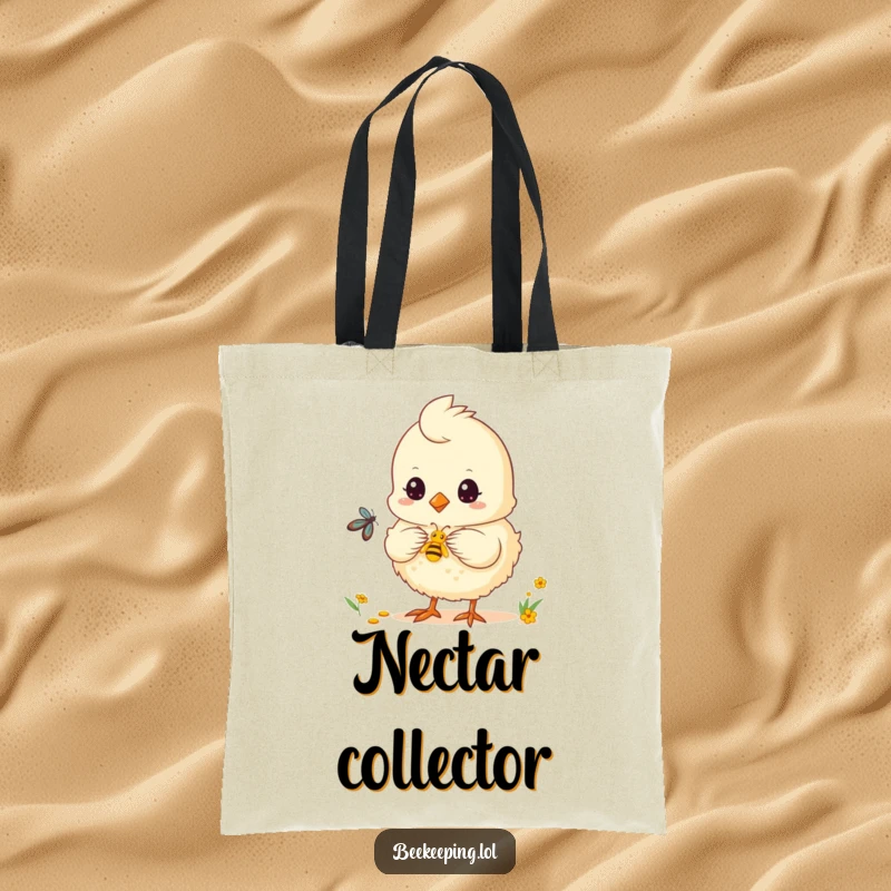Funny chick tote bag with a fluffy chick helping to collect nectar, great for shopping.