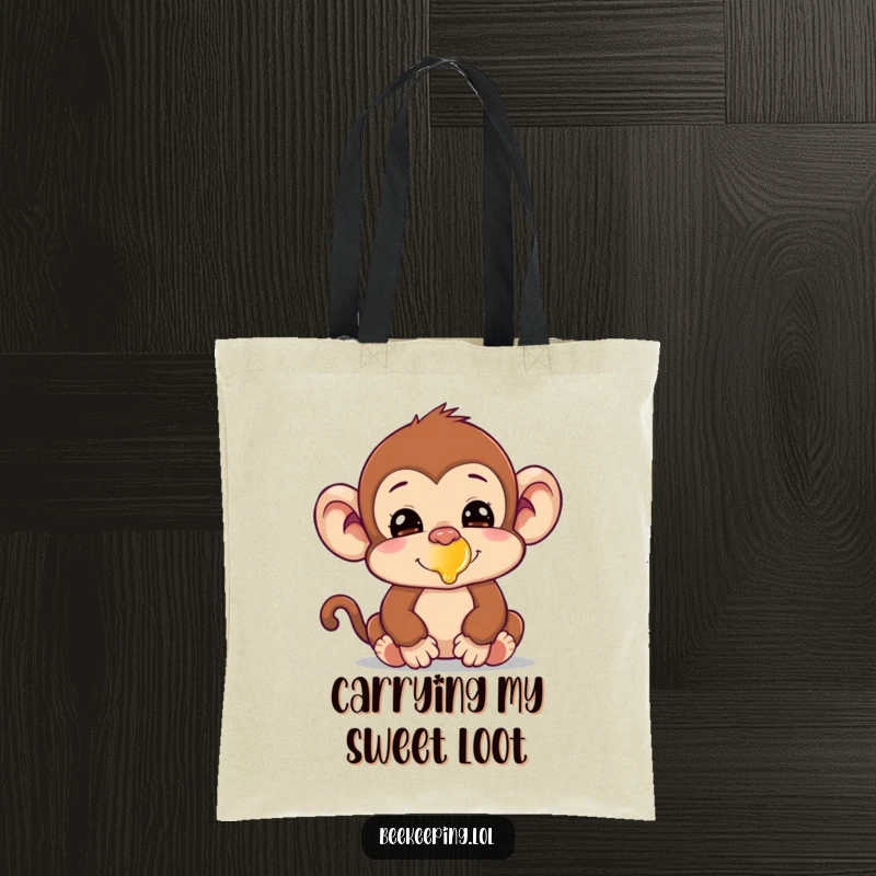 Funny silly monkey with a tiny bit of honey on its nose on a durable tote bag, a humorous and practical accessory.