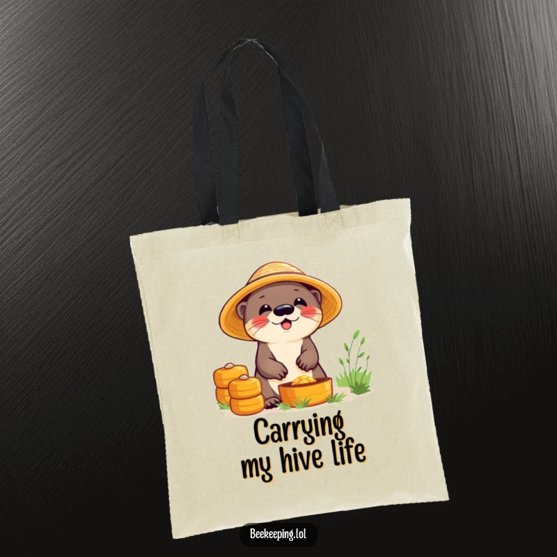 Funny tote bag featuring a giggling otter wearing a straw hat, tending to a beehive, a practical and humorous accessory.