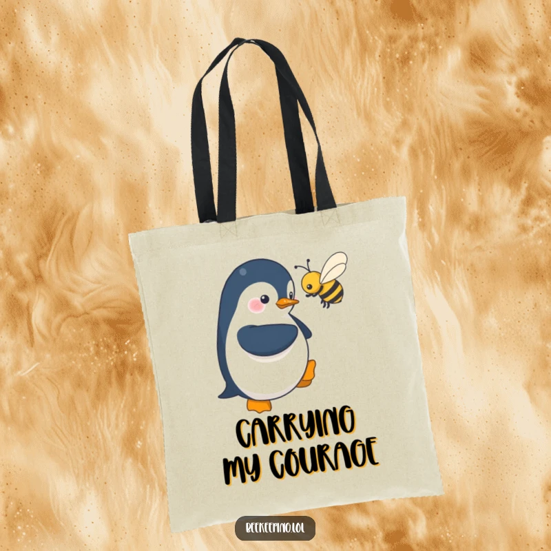 Funny tote bag design: a shy penguin cautiously hovers near a buzzing bee, illustrating a sweet and humorous interaction.