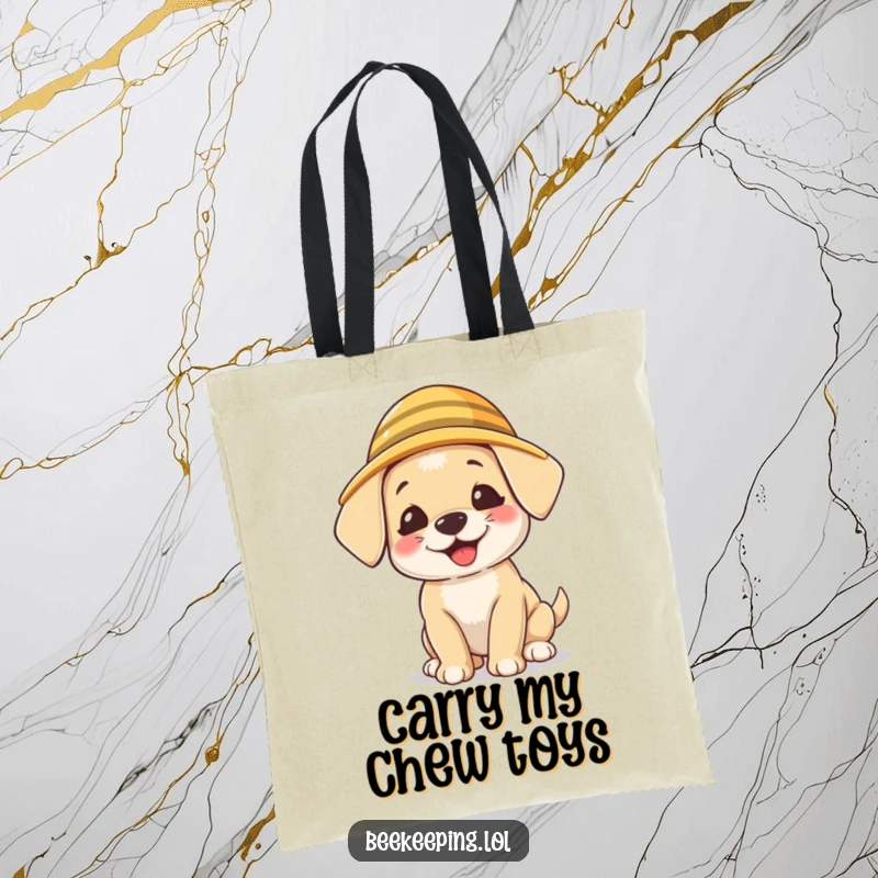 Funny Puppy Beekeeper Tote Bag, practical and stylish, a giggling puppy wearing a tiny beekeeper hat, humorous pet accessory.