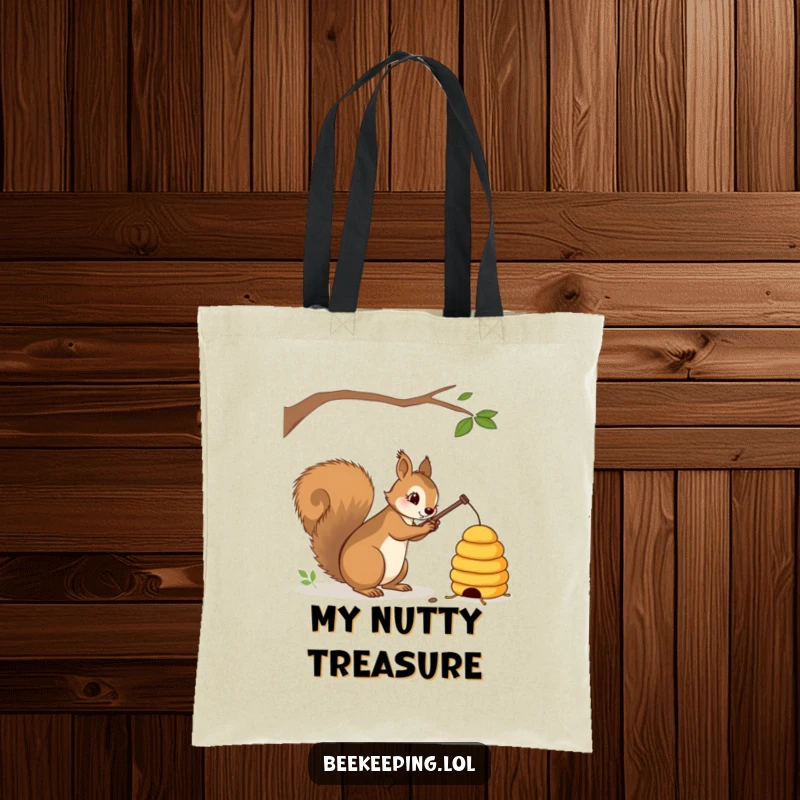 Funny squirrel with a stick gently tapping a beehive on a tote bag, durable and stylish, ideal funny gift.