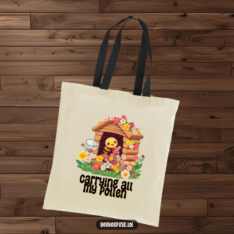 Funny tote bag depicting a busy bee cheerfully tending to a flower hive bursting with colorful blooms.