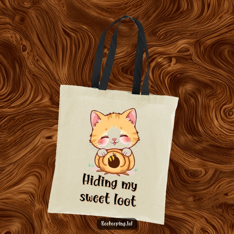 Funny tote bag design: a giggling cat curiously observes a tiny beehive, perfect for carrying everyday items with a humorous flair.