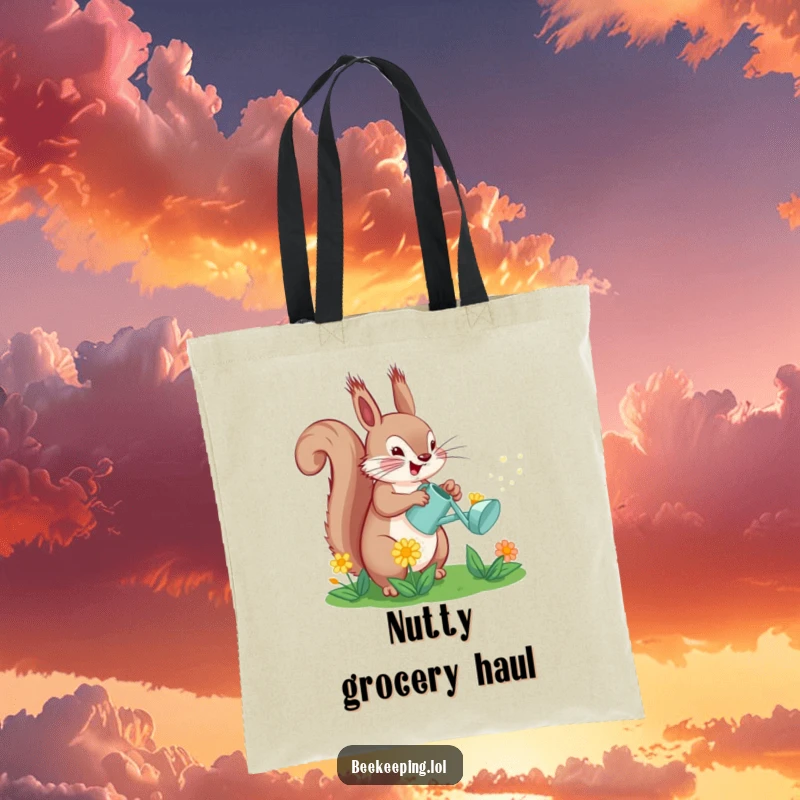 Funny Squirrel Watering Flower Tote Bag: A squirrel happily waters a flower with a small can, a delightful accessory.