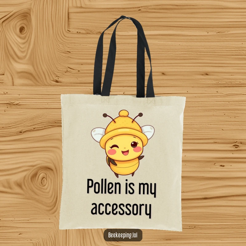 Funny Bee Tote Bag: A delightful bee with a pollen-covered tiny hat, ready for action, perfect for market trips.