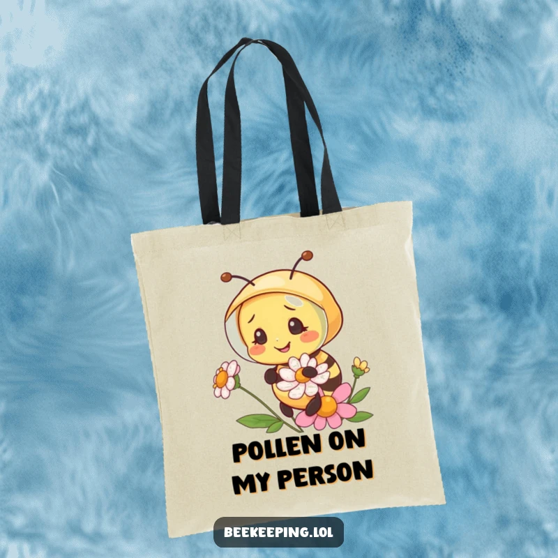 Funny bee wearing a tiny beekeeper veil, looking at a flower, a reusable and humorous tote bag for groceries.